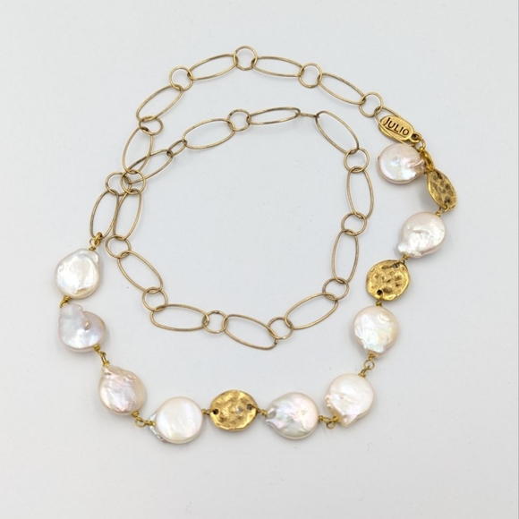 JULIO Coin Pearl Necklace Gold Tone Retired Freshwater Pearl 24 inch long Signed - Picture 13 of 15